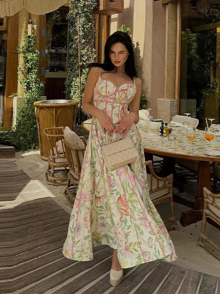Floral Halter Neck Sleeveless Maxi Dress A-Line Silhouette