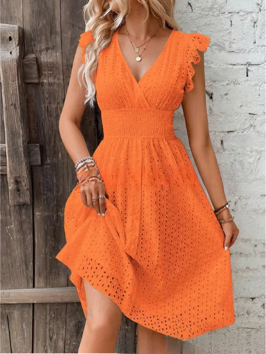Orange Color Women’s V-Neck Lace Beach Dress Knee-Length