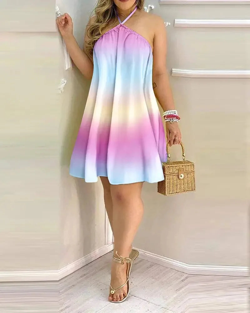 Boho Floral Halter Mini Dress Backless Beach Style