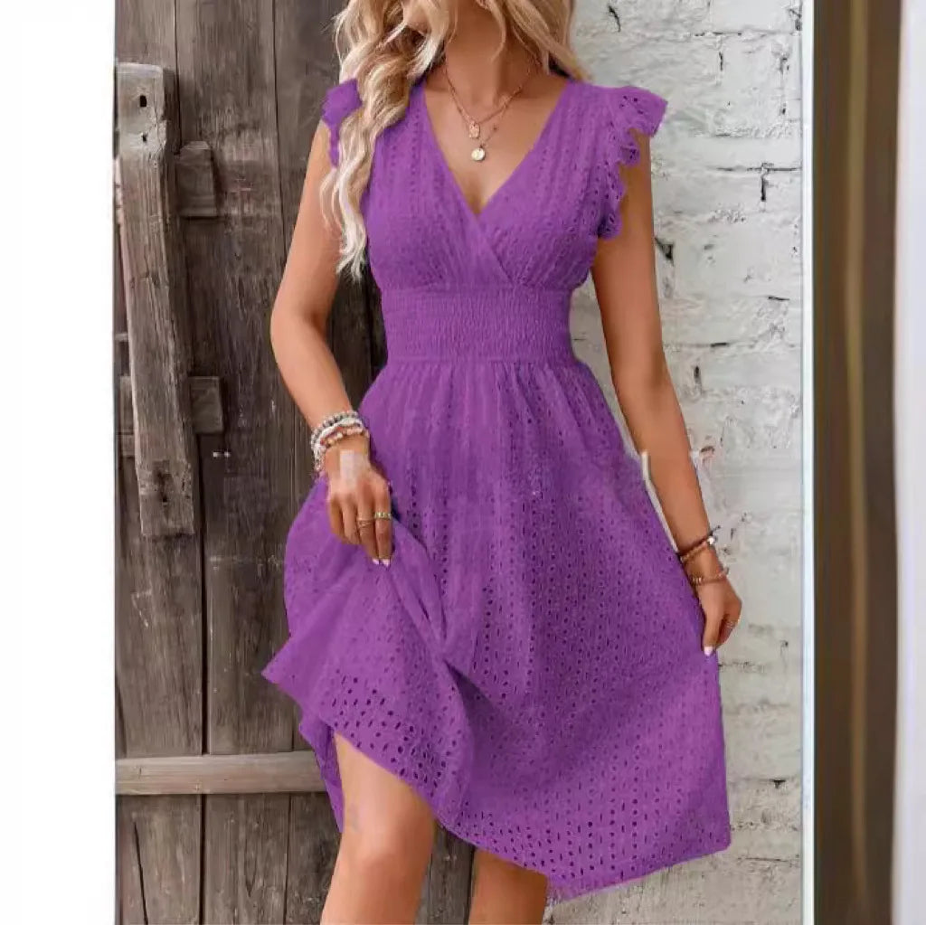 Purple Color Women’s V-Neck Lace Beach Dress Knee-Length