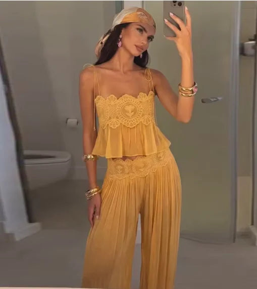orange Color Women’s Pink Lace Crop Top and Skirt Two-Piece Set