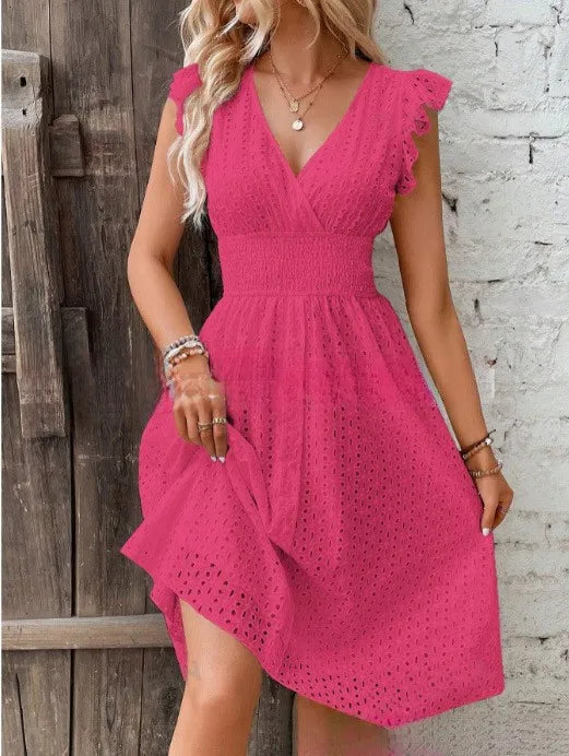 Rose red Color Women’s V-Neck Lace Beach Dress Knee-Length