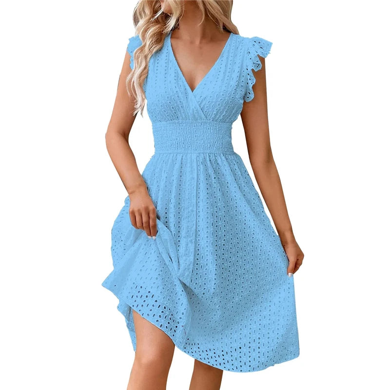 Women’s V-Neck Lace Beach Dress Knee-Length