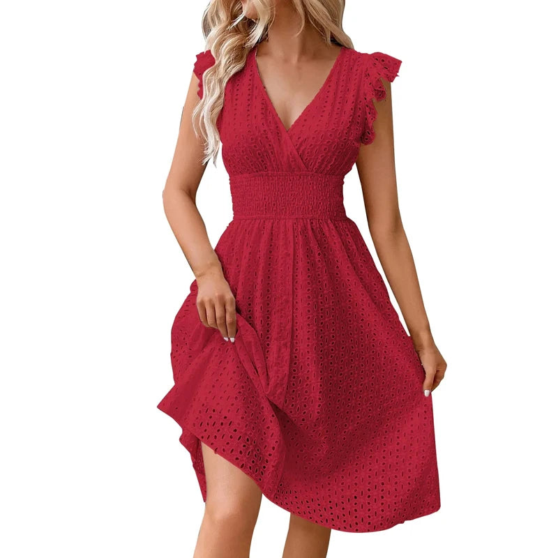 Red Color Women’s V-Neck Lace Beach Dress Knee-Length
