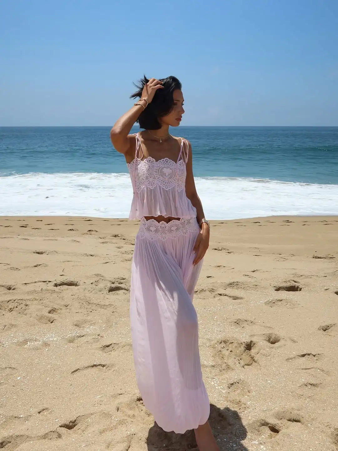 pink 01 Color Women’s Pink Lace Crop Top and Skirt Two-Piece Set