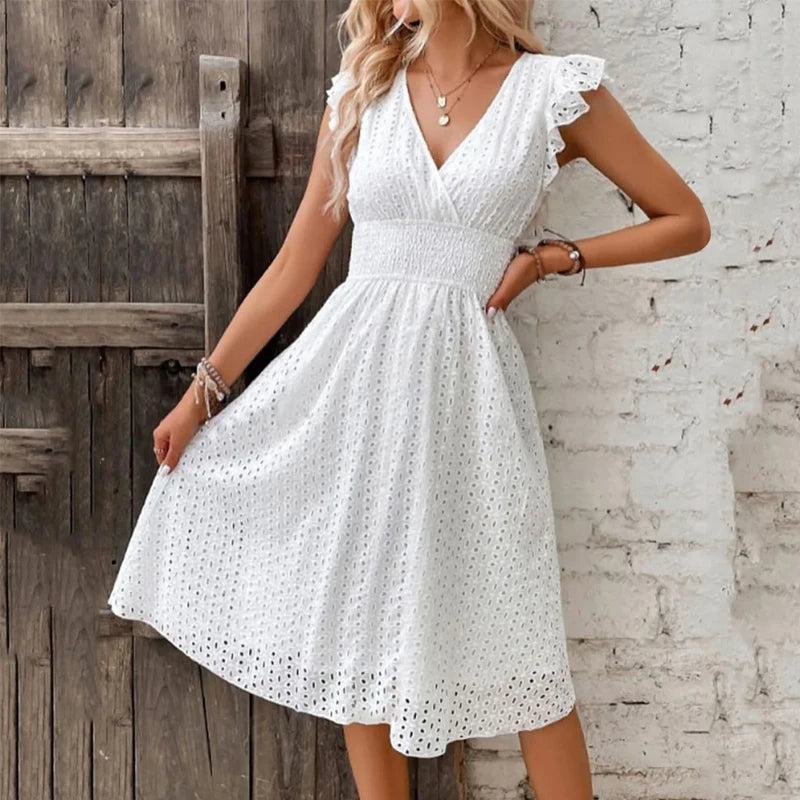 Women’s V-Neck Lace Beach Dress Knee-Length