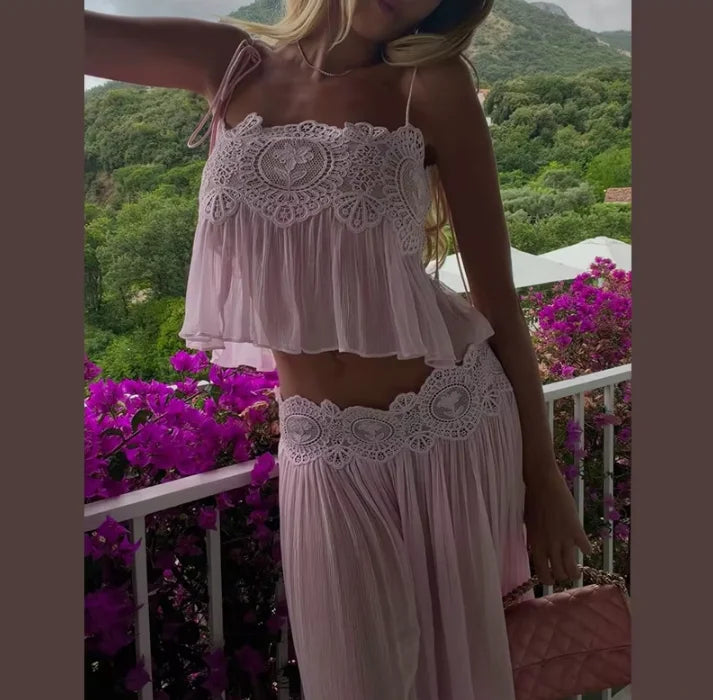 Women’s Pink Lace Crop Top and Skirt Two-Piece Set
