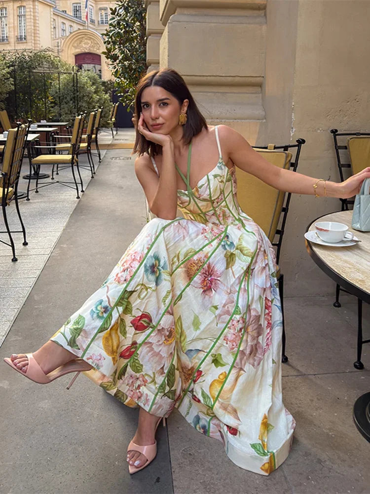 Floral Halter Neck Sleeveless Maxi Dress A-Line Silhouette
