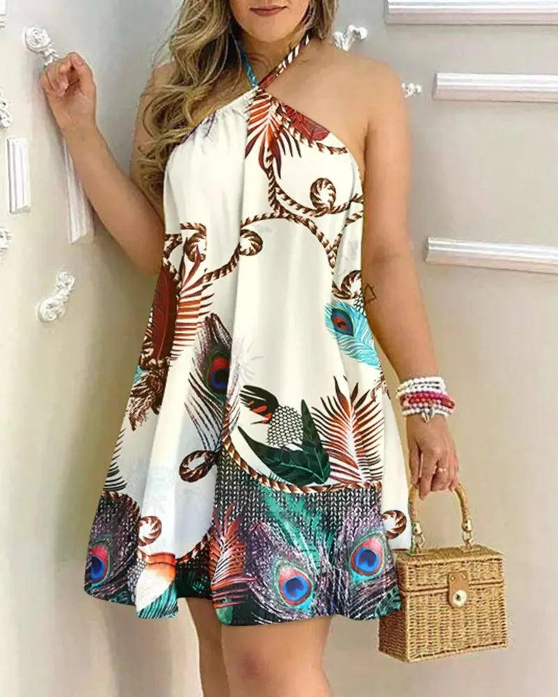 Boho Floral Halter Mini Dress Backless Beach Style