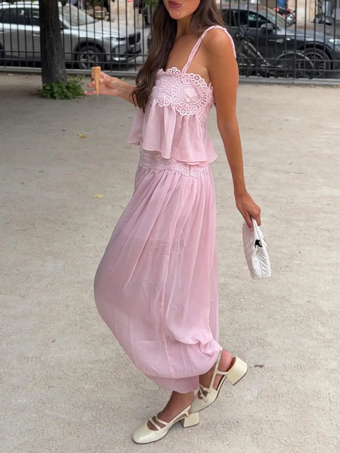 Women’s Pink Lace Crop Top and Skirt Two-Piece Set