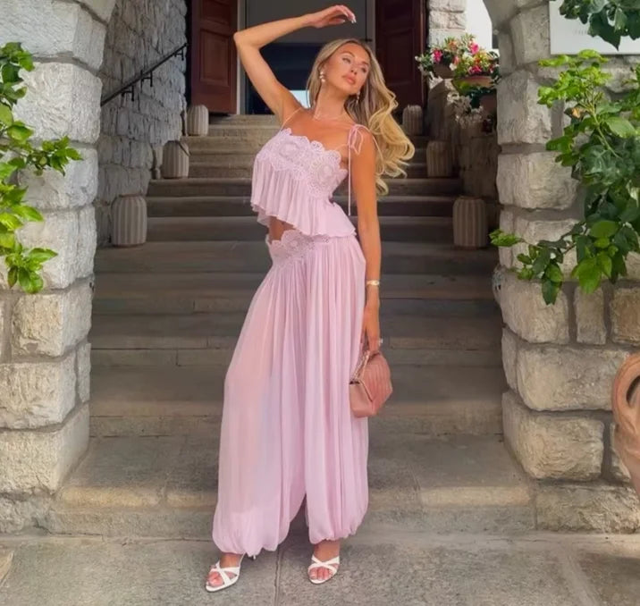 Women’s Pink Lace Crop Top and Skirt Two-Piece Set