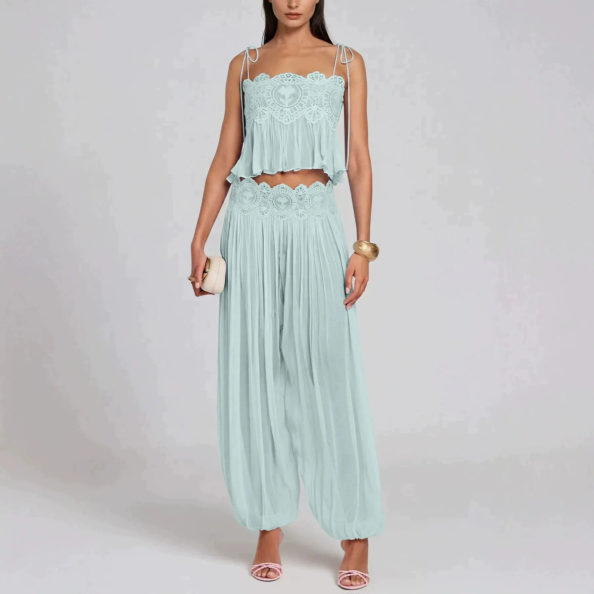 green 01 Color Women’s Pink Lace Crop Top and Skirt Two-Piece Set