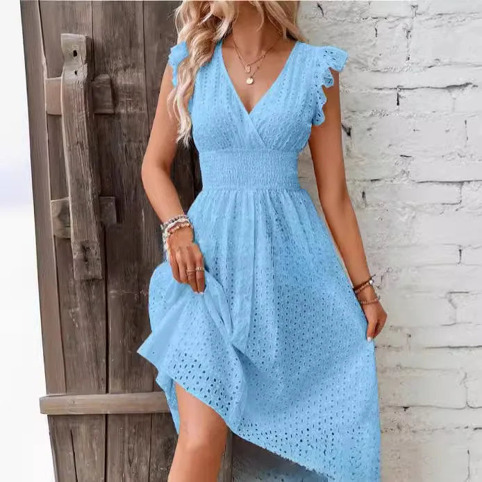 Blue Color Women’s V-Neck Lace Beach Dress Knee-Length