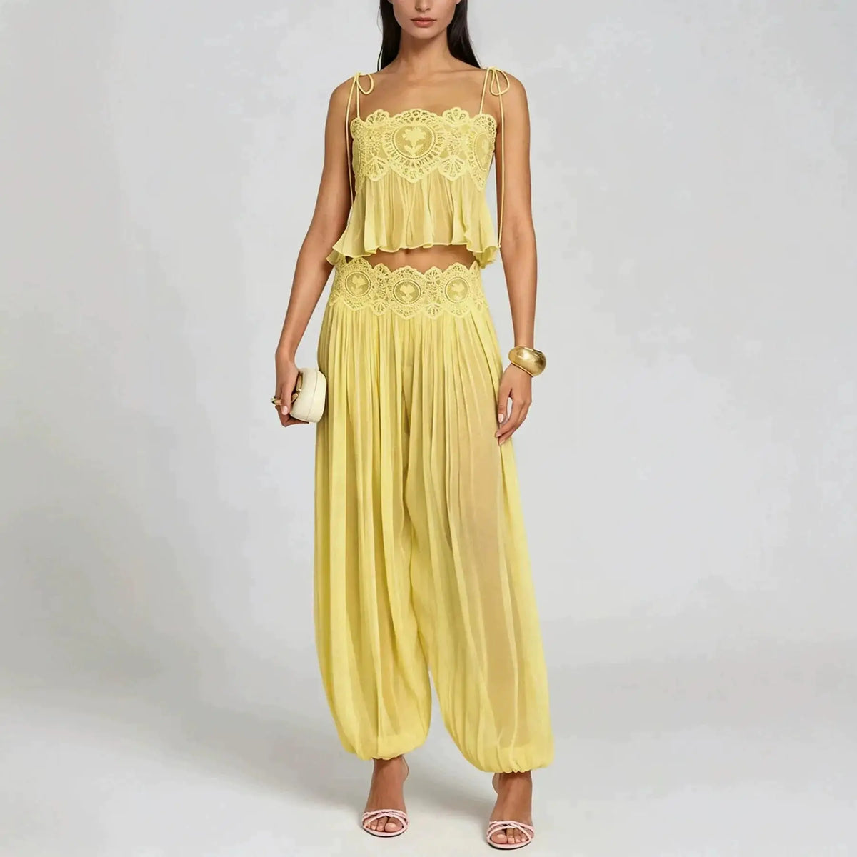 yellow 02 Color Women’s Pink Lace Crop Top and Skirt Two-Piece Set